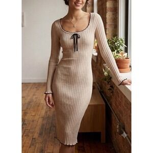 Y2K Olive & Oak Midi Dress Rib Knit Coquette Neutral Feminine Romantic Sz M